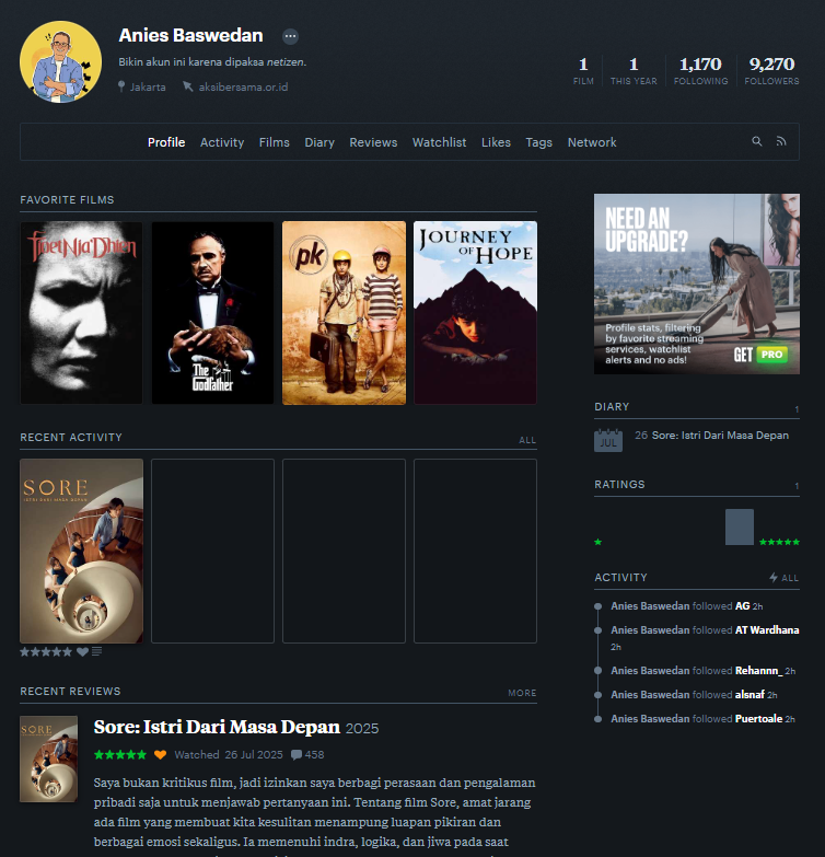 Anies Baswedan membuka akun letterboxd [Letterboxd]